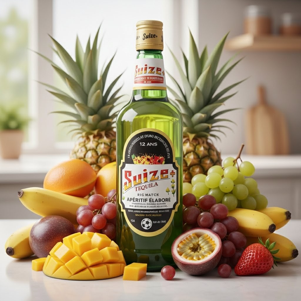 Bouteille de tequila entourée de fruits